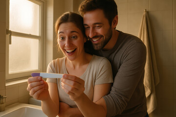 A young Caucasian woman with brown hair holds a pregnancy test, smiling. A young Caucasian man with dark hair embraces her from behind, both looking excited.