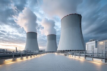 Obraz premium Three cooling towers of a nuclear power plant under a cloudy sky. Use it for energy, pollution, industry or science themes.