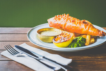 Beer Battered Fish and Chips, Mushy Peas, Tartare Sauce and Lemon
