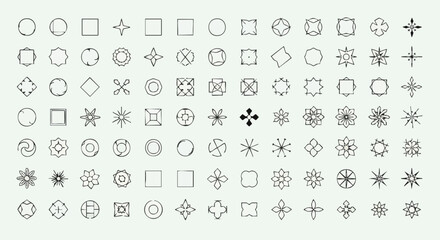 A grid of black and white geometric shapes, including circles, squares, stars, and other symmetrical designs, arranged on a light background.
