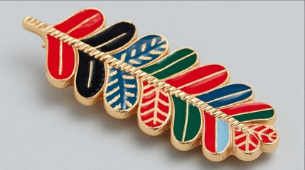 Close-up of black, red, and gold enamel oak leaf brooch, polished details, cinematic jewelry macro photography symbolizing dignity and heritage