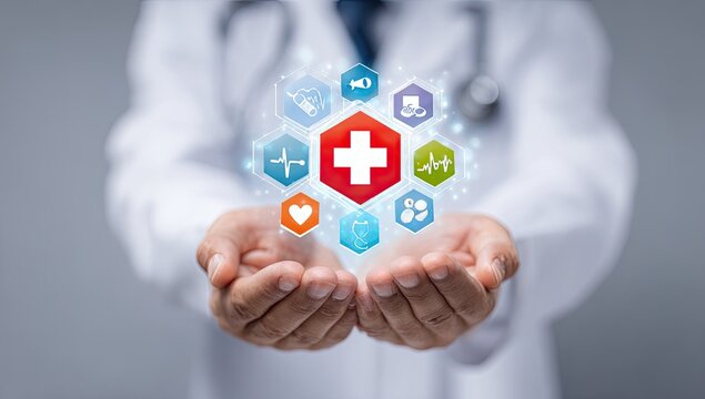 Doctor presenting medical icons, healthcare, technology, and innovation concept.