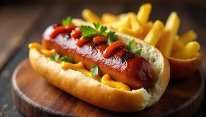 A delicious grilled wurst hot dog, plump and juicy, nestled in a toasted bun Mustard and relish add vibrant color and texture Perfect for a summer barbecue or a casual lunch , yellow mustard, beef
