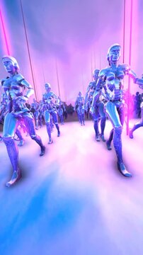 Seamless vertical video animation of an army of female robots walking in a purple futuristic sci-fi background.