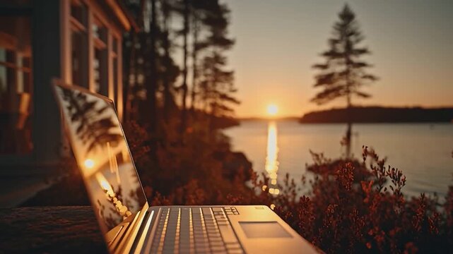 Laptop and the Lake: A sun-kissed laptop sits, reflecting the stunning sunset over a serene lake, suggesting a moment of work blending seamlessly with the beauty of nature.