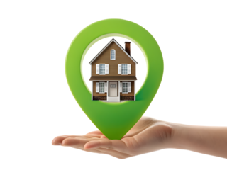 Hand holding a house inside a green location pin isolated on transparent background