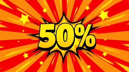 Fifty percent discount in a dynamic comic book pop art style. - Powered by Adobe