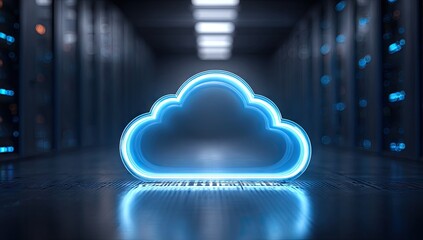 Glowing Blue Cloud Symbol in a Modern Data Center Hallway.
