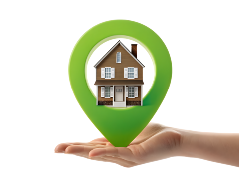 Hand holding a house inside a green location pin isolated on transparent background