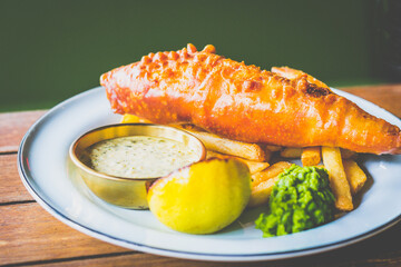 Beer Battered Fish and Chips, Mushy Peas, Tartare Sauce and Lemon