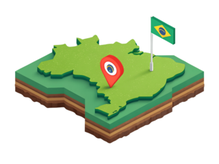 Isometric map of brazil with flag and location pin isolated on transparent background