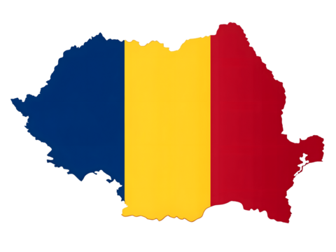 Romania map with the national flag isolated on transparent background