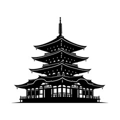 A striking black silhouette of a traditional multi-storied Japanese pagoda against a clean white background.