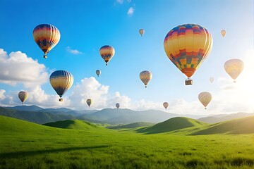 Fototapeta premium Vibrant hot air balloons float above lush green hills under a bright blue sky.