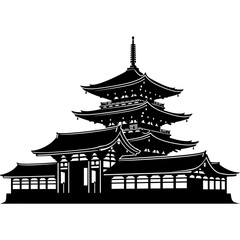 Fototapeta premium A black and white silhouette illustration of a traditional multi-tiered Japanese pagoda temple complex against a white background.