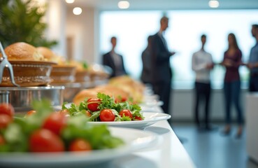 Office buffet features fresh salads, tomatoes, assorted snacks. Catering provides food for business meetings, parties, corporate gatherings. Employees enjoy relaxed lunch break with healthy