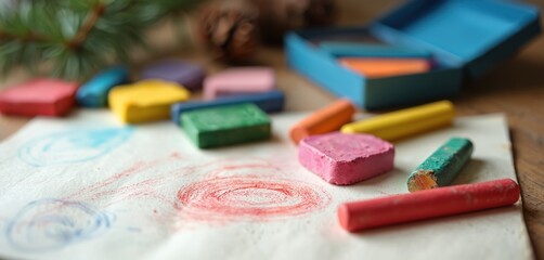 Colourful wax crayons scattered on paper with children drawings. Waldorf education supplies, pastel colours for creativity, art. Flat lay top view of art, craft tools on wooden table. Playful