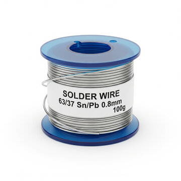 Spool of 63/37 tin-lead alloy solder wire used for electronics repair and assembly, isolated on a white background