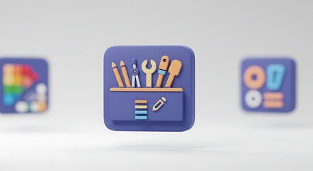 3D Rendered Icons: Toolbox with Tools, Rainbow Chart, and Number Symbols
