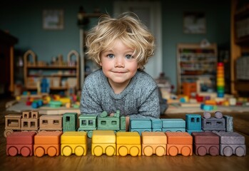 A child plays with colorful toys in a playroom.