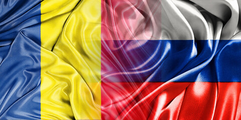 The national flags of Russia and Romania are combined into one and placed side by side on a...