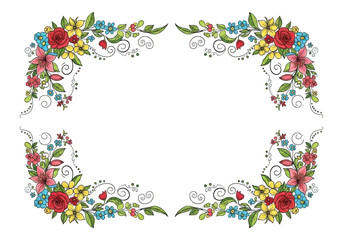 Fototapeta premium Floral corner decorations with red, yellow, and blue flowers isolated on transparent background