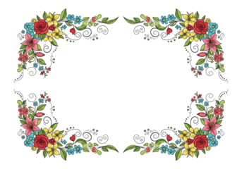 Floral corner decorations with red, yellow, and blue flowers isolated on transparent background