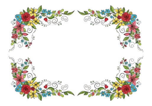 Floral corner decorations with red, yellow, and blue flowers isolated on transparent background - Powered by Adobe