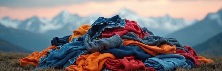 Pile of assorted clothing items in vibrant colors, textures outdoors. Denim jacket, fleece, shirts, against mountain landscape at sunset. Sustainable fashion, exploration, casual attire, eco-friendly