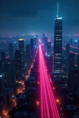 Fototapeta premium A futuristic cityscape at night, glowing fiber optic cables stretching across the horizon, representing the vast network of the information superhighway , signal, artificial intelligence, digital