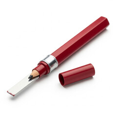 A precision red marking knife combined with a graphite pencil for accurate woodworking and crafting, isolated on a white studio background