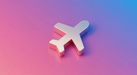 Fototapeta premium 3D Silver Airplane Icon on Gradient Pink and Blue Background