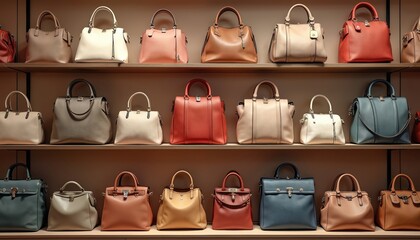 Various handbags in different styles, sizes displayed on boutique shelves. Collection features luxury, trendy, chic accessories, including leather purses in elegant colors, offering shoppers wide