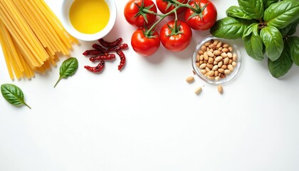 Italian cuisine ingredients arranged artfully on white surface. Spaghetti, ripe tomatoes, fresh basil, chili peppers, olive oil, pistachios create vibrant composition. Perfect for culinary blogs,