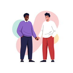 Fototapeta premium Diverse young men holding hands smiling appreciating each other with soft abstract shapes in background representing friendship and connection