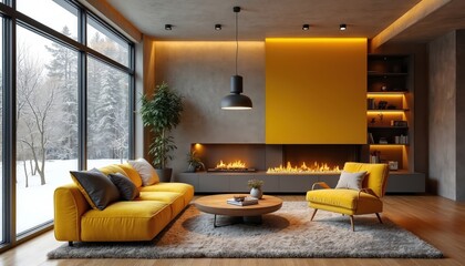 Cozy modern living room features stylish fireplace with warm yellow accents, plush furniture. Large window offers snowy winter landscape view, creating comfortable, inviting retreat with chic decor,