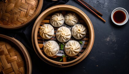 Steaming Delights Freshly Cooked Xiao Long Bao in a Bamboo Steamer Basket