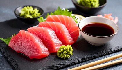 Delicious Tuna Sashimi Platter with Soy Sauce and Wasabi, a Japanese Delicacy