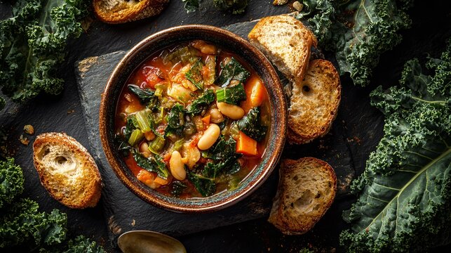 Italian ribollita in a shallow ceramic bowl, surrounded by torn bread and kale leaves, flat lay with soft shadows