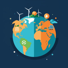 Naklejka premium Illustration of the Earth with symbols of renewable energy and environmental protection.