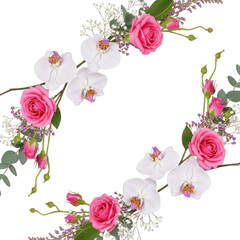 Floral arrangement with pink roses and white orchids isolated on transparent background