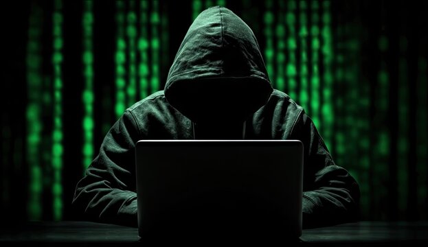 Anonymous hooded hacker coding on a laptop with green matrix code background. - Powered by Adobe