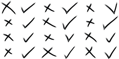 Hand drawn right and wrong vector sign in brush stroke outline shape. green check mark and red cross icon set Collection. set button correct right wrong buttons
