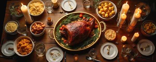 Festive Passover Seder table with roasted meat dish center stage, surrounded by traditional Jewish foods like matzah, couscous, nuts. Lit candles add warm ambiance to religious family meal,