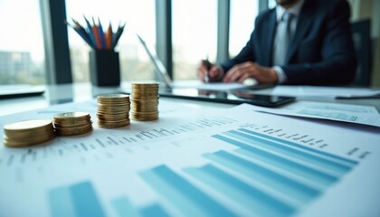 Stacks of gold coins, financial charts sit on desk businessman in suit writes notes. Investment planning, strategy discussion in modern, bright office. Pro advice, wealth management, economic growth.