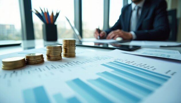 Stacks of gold coins, financial charts sit on desk businessman in suit writes notes. Investment planning, strategy discussion in modern, bright office. Pro advice, wealth management, economic growth.