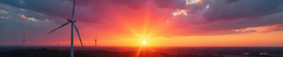 Obraz premium Majestic Wind Turbine Silhouette at Sunset Clean Energy Power, Graceful Rotation, Vibrant Hues, Peaceful Landscape