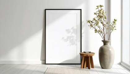 Sunlit minimalist home interior with a blank vertical poster frame mockup leaning against a white wall for showcasing art or photography