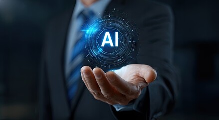 Businessman Holding a Glowing Artificial Intelligence Hologram.