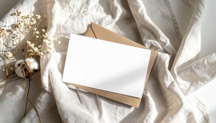 Elegant stationery flat lay with a blank invitation card mockup, kraft envelope, and dried flowers on a neutral linen background